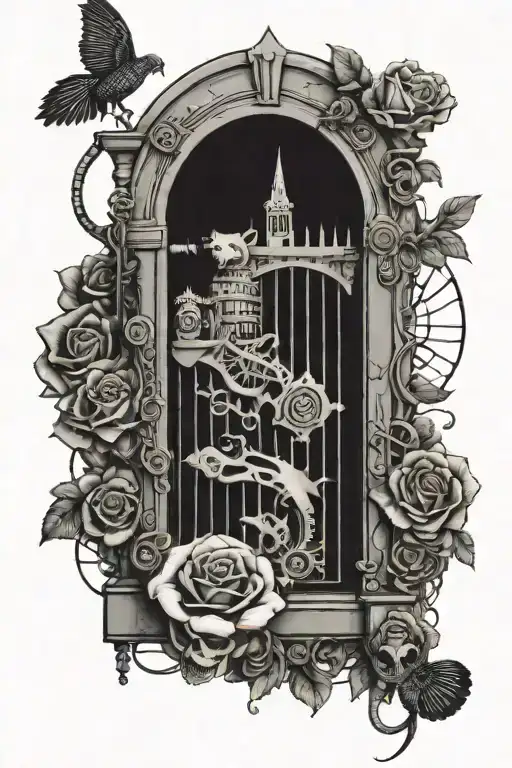 Tower Pistols Roses Bear Door Train Jaw bone Spider web Key Birds Cards Turtle tattoo design idea