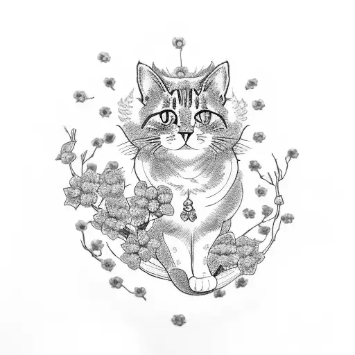 A cat surrounded by cherry blossom motifs in white and blue for the lower back tattoo design idea