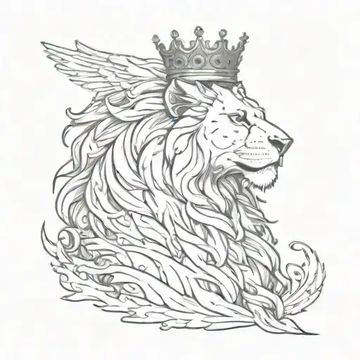 a black lion with a silver crown and a crow made of black smoke flying above him tattoo design idea