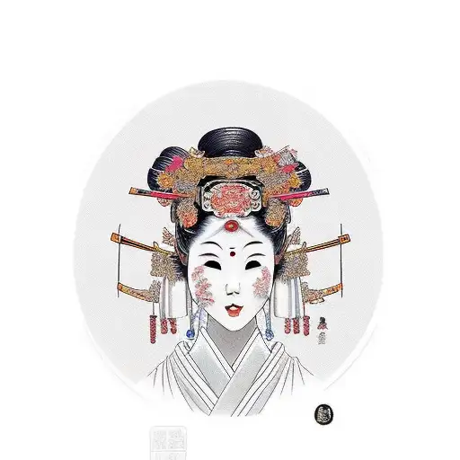 Une geisha avec un très beau visage et un masque démoniaque sur la moitié de ça tête, elle porte des sabres tattoo design idea