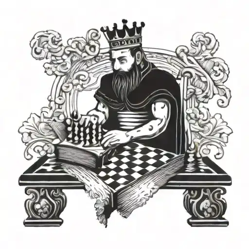 A black tattoo. It is a chess king on a closed book. Both are made of wool (knitted) tattoo design idea