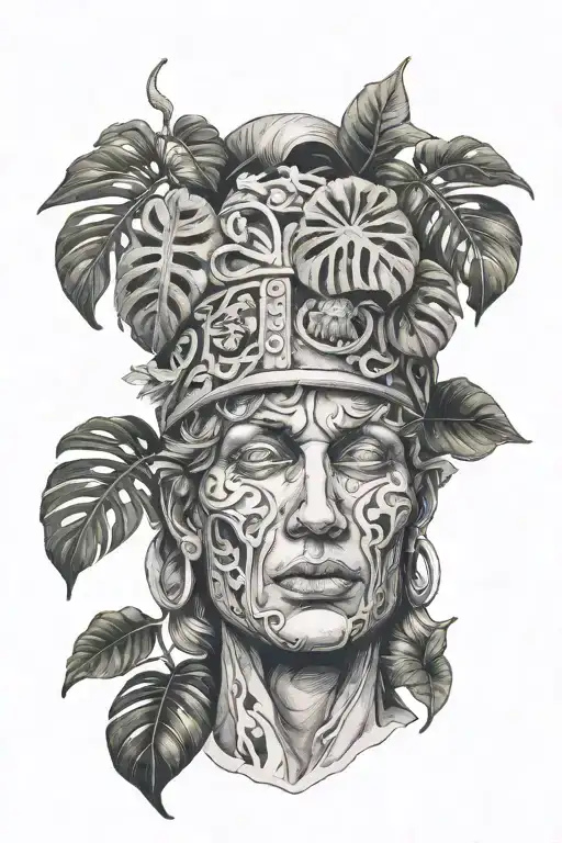 a roman head statue witch is halfway broken and some monstera leaves growing out of the broken head tattoo design idea