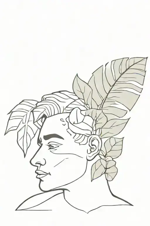 A roman bust wich is halfway broken and some monstera leaves growing out of the broken head tattoo design idea