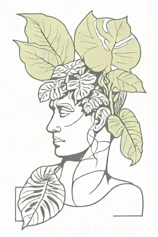 A roman head statue with a monstera growing out of it tattoo design idea