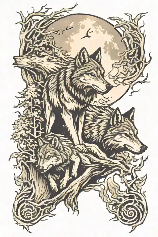 a lone wolf on top ataring at the moon and the forest below and down further two wolves with two cubs. warrior type tattoo design idea