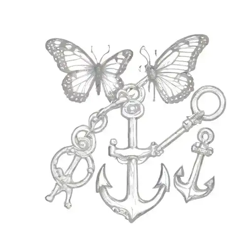Butterfly, anchor, and small key ring and three old keys tattoo design idea