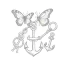 Butterfly, anchor, and small key ring and three old keys tattoo design idea