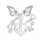 Butterfly, anchor, and small key ring and three old keys tattoo design idea