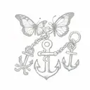 Butterfly, anchor, and small key ring and three old keys tattoo design idea