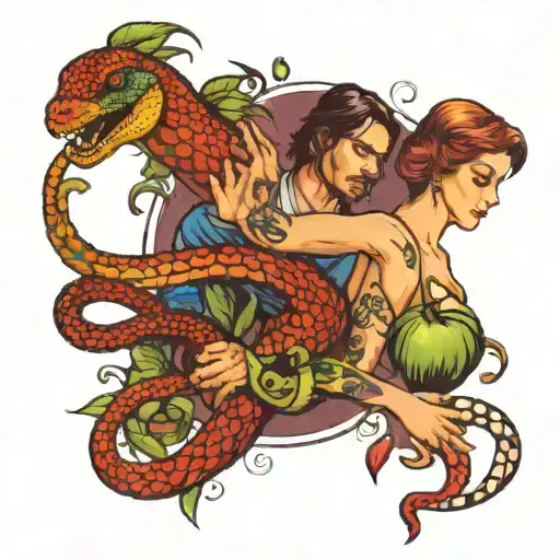 Eve and the snake give a fruit to adam hands tattoo design idea