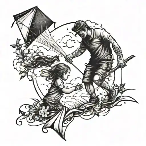 father daughter kite flying tattoo design idea