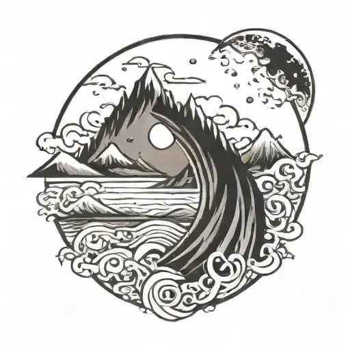 moon mountains ocean mom tattoo design idea