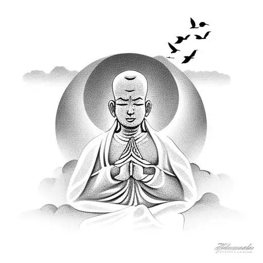 clouds behind meditating monk with birds in background  tattoo design idea