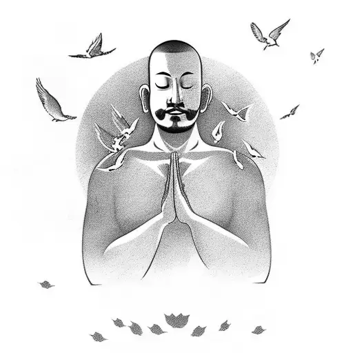 clouds behind meditating monk with birds in background forearm tattoo tattoo design idea