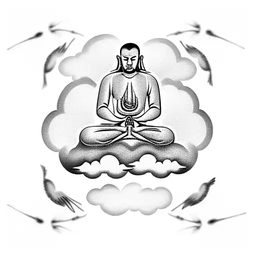 clouds behind meditating monk with birds in background forearm tattoo tattoo design idea