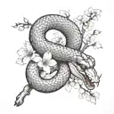 A snake with its mouth open in a cherry blossom branch tattoo design idea