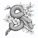 A snake with its mouth open in a cherry blossom branch tattoo design idea