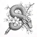 A snake with its mouth open in a cherry blossom branch tattoo design idea
