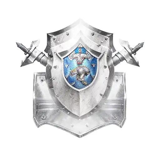 Arm sleave, Female Paladin with shield and sword, Plate armour, No helm, Long hair, stance = Protectivearmour tattoo design idea