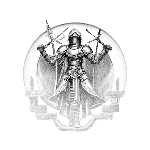 Arm sleave, Female Paladin with shield and sword, Plate armour, No helm, Long hair, stance = Protectivearmour tattoo design idea