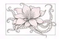 A delicate pink flower blooming from an octopus tentacle, symbolizing strength and beauty in overcoming breast cancer tattoo design idea