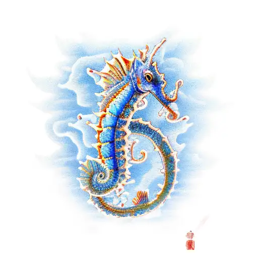 blue seahorse, red fire dragon, purple butterfly fin tattoo design idea