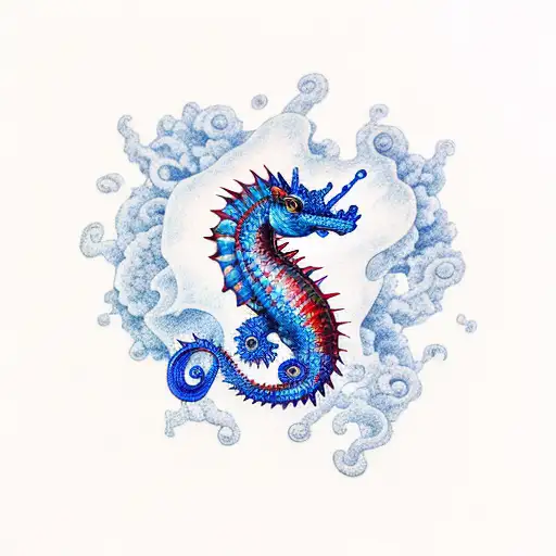 blue seahorse, red fire dragon, semi colon tattoo design idea