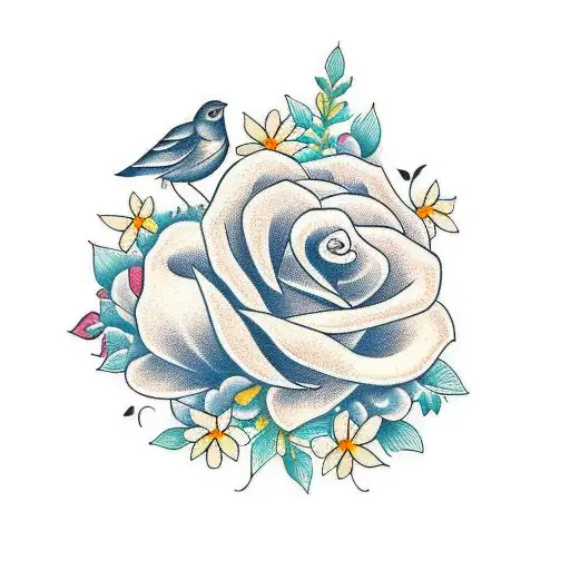 memorial tattoo with spanish script, flowers, and birds tattoo design idea
