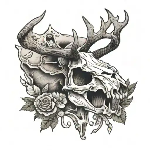 elk skull with mushrooms  tattoo design idea