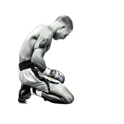 a boxer in a boxing ring kneeling after taking a hard punch, with the referee counting to his right side tattoo design idea