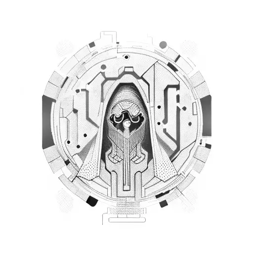 A futuristic hacker wearing a cloak, surrounded by floating bits of code and binary numbers tattoo design idea