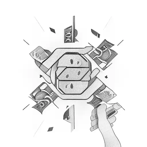 A futuristic hacker's hand holding a stack of money tattoo design idea