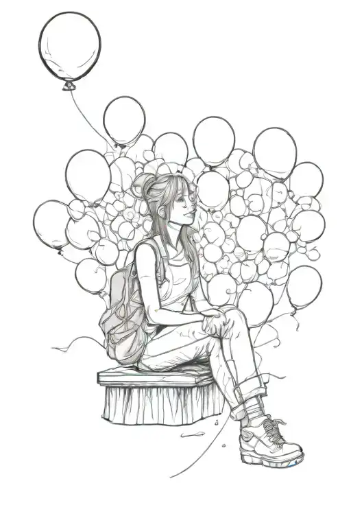 balloons floating in the sky, girl sitting in front of them looking up tattoo design idea