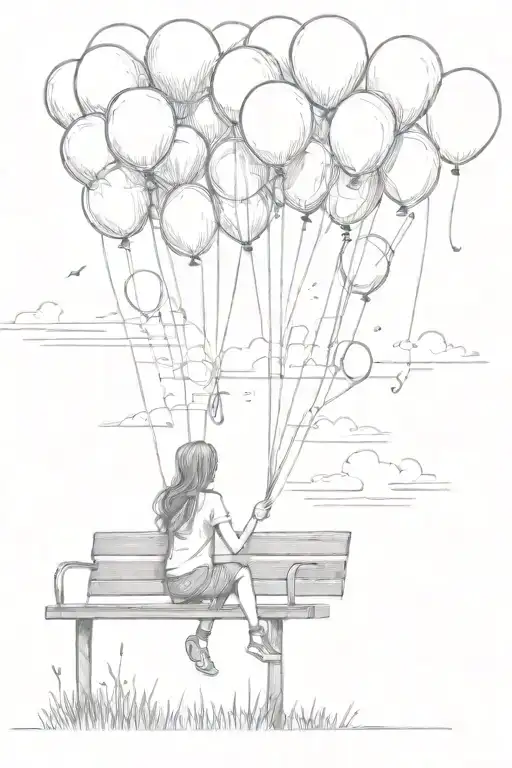 9 balloons floating in the sky, bench underneath with girl looking at them  tattoo design idea