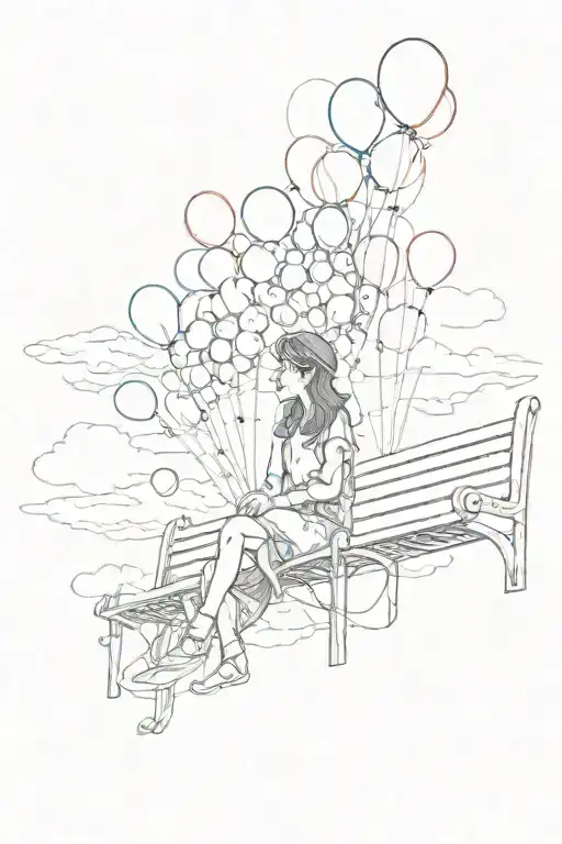 9 balloons floating high up in the sky, not connected, girl on bench way underneath looking at them  tattoo design idea