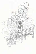 9 balloons floating high up in the sky, not connected, girl on bench way underneath looking at them  tattoo design idea