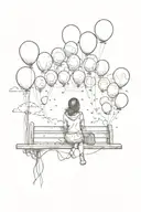 9 balloons floating high up in the sky, not connected, girl on bench way underneath looking at them  tattoo design idea