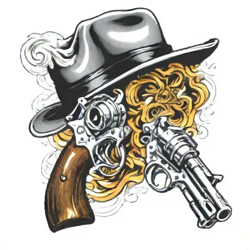 two silver shiny revolvers with black hat smoking tattoo design idea