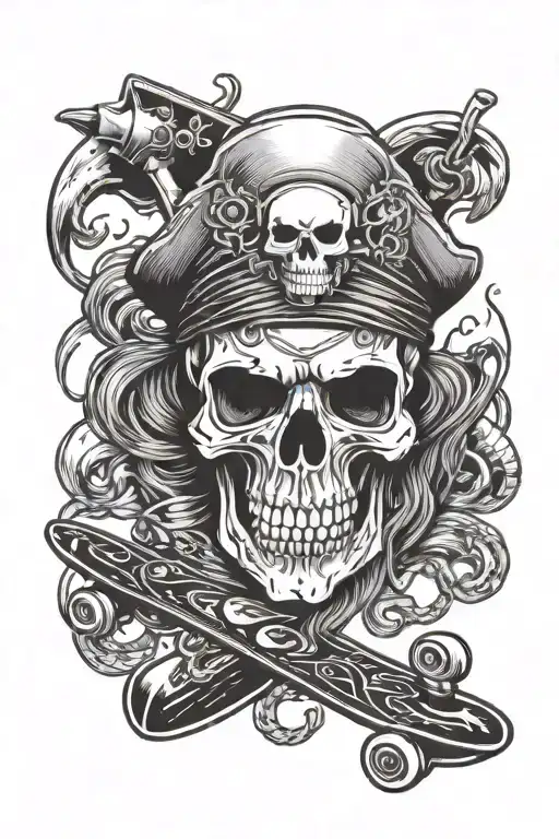 Horror pirate skull with skateboard deck tattoo design idea