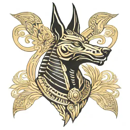 egyptian god Anubis black and gold color tattoo design idea