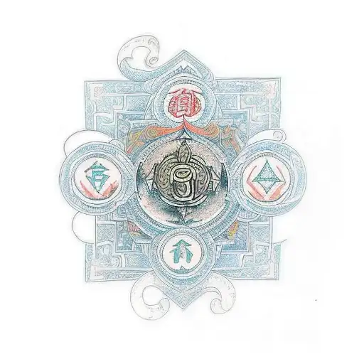 A traditional-style tattoo of a Buddhist mantra surrounded by intricate Norse mythology symbols tattoo design idea