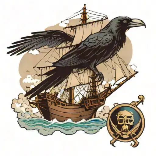 Raven standing atop the mast of the jolly Roger ship amidst the ocean with Japanese clouds behind the sails tattoo design idea