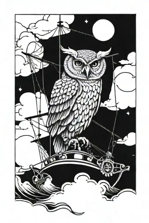 A tattoo of an owl perched on a pirate ship mast with waves crashing below, bear head mounted front of ship. tattoo design idea