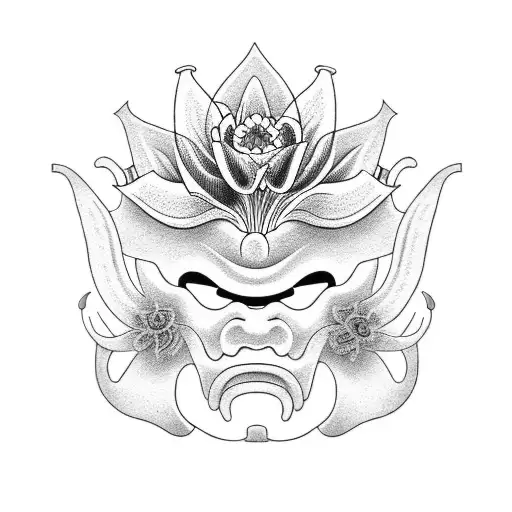 japanese oni mask with lilies crossing it tattoo design idea