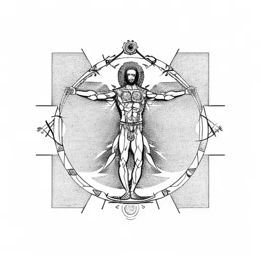 Vitruvian man, katana sword, a 2.1 inside a circle, the text "g3 cel7 sim1 fram3" tattoo design idea