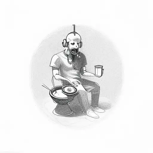 guy with a radio for a head, sitting on the ground with a bowl and joint, with a red Astrid tattoo design idea