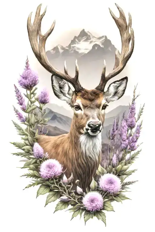 scottish deer, heather flowers, mountain background, thistles tattoo design idea