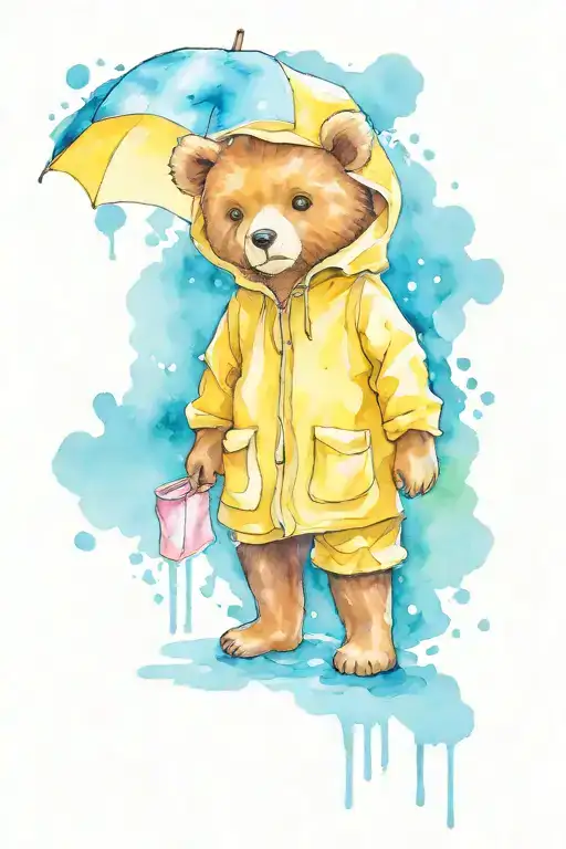 sad teddy bear in yellow raincoat surrounded tattoo design idea