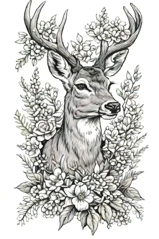 scottish deer, heather flowers tattoo design idea