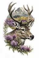 scottish deer, heather flowers, mountain background, thistles tattoo design idea